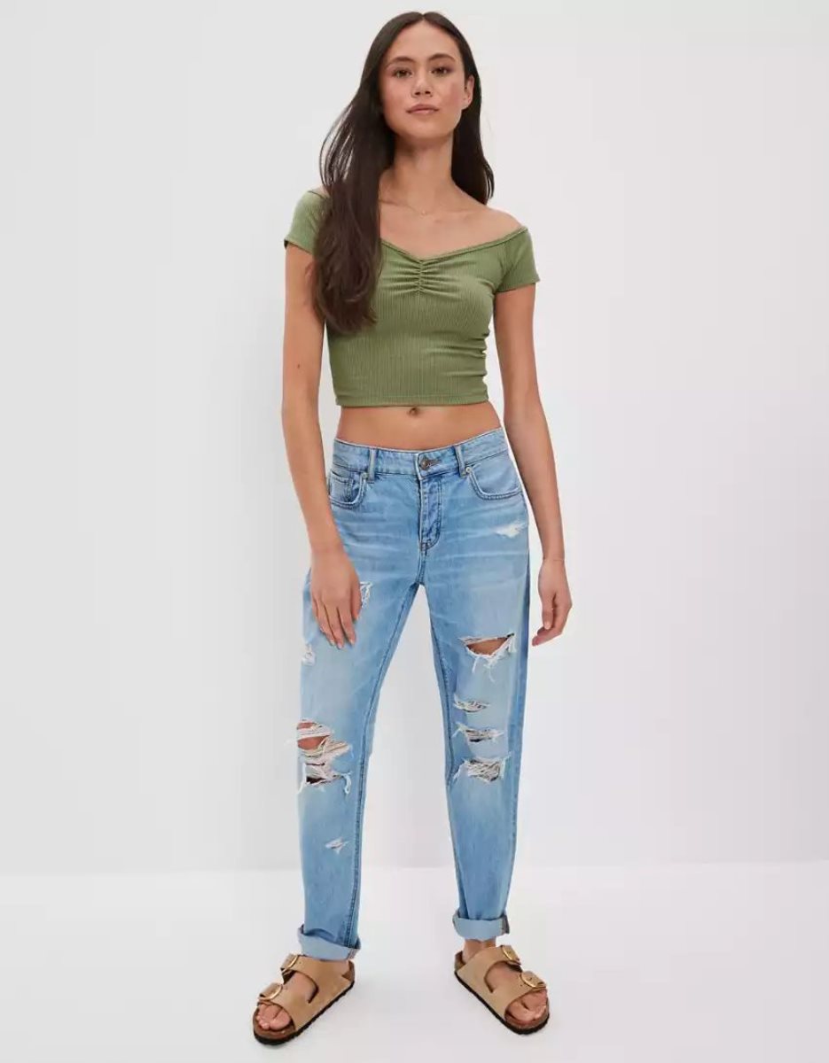 T Shirts American Eagle AE Cinch Off-the-Shoulder Tee Vert Femme | JOZ-85443637